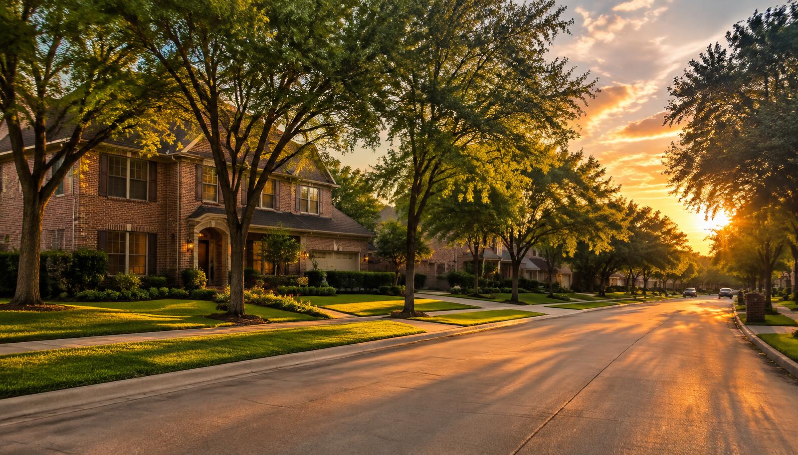 Tree-lined Denton County street at sunset