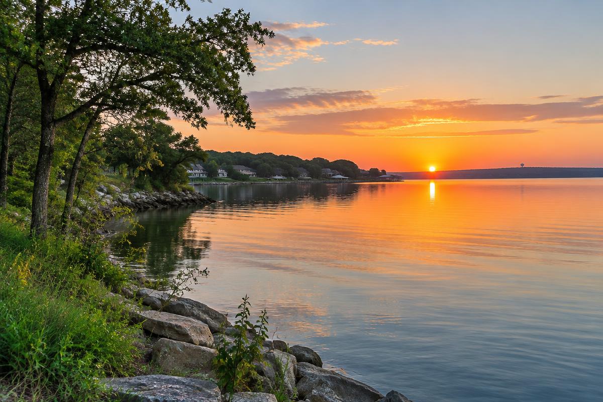 Sunrise over Lewisville Lake shoreline near Highland Village
